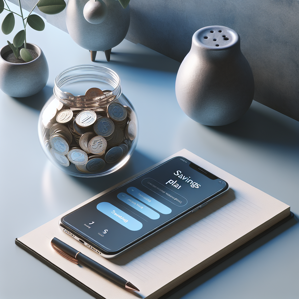 Minimalist Scandinavian desk with a savings jar of Swedish krona coins, a smartphone showing a savings app, a notepad titled 'Savings Plan', soft blue and gray tones, clean modern style