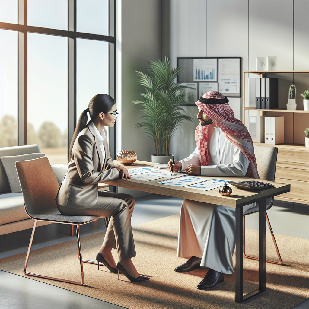 A modern Scandinavian office scene: a financial advisor consulting a Swedish borrower over loan documents and charts, warm natural light, minimal Nordic design