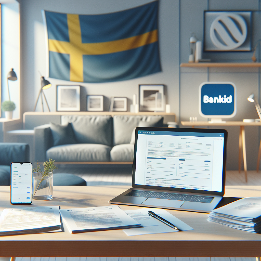 A professional Scandinavian-style workspace with a laptop showing a loan application form, BankID on a smartphone, Swedish flag subtle in background, clean neutral colors
