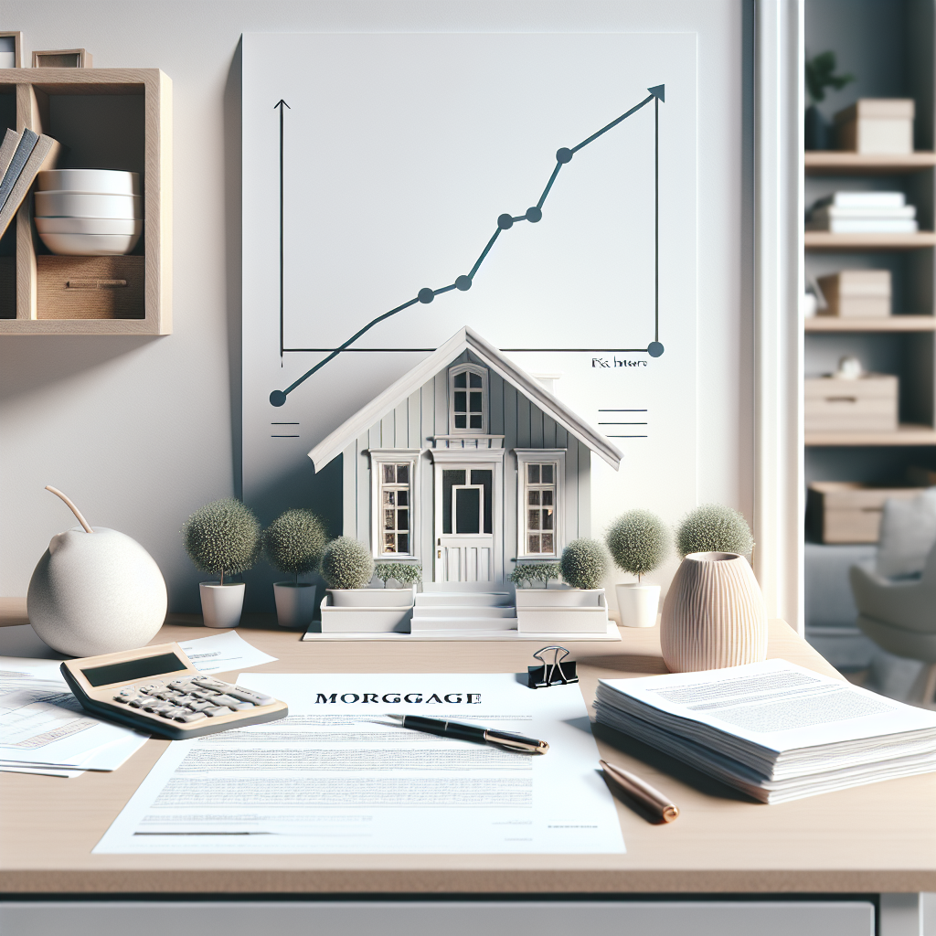 Scandinavian home desk scene with mortgage documents, calculator, and a steady rising-but-flat line chart symbolizing a fixed interest rate; clean minimal Swedish design